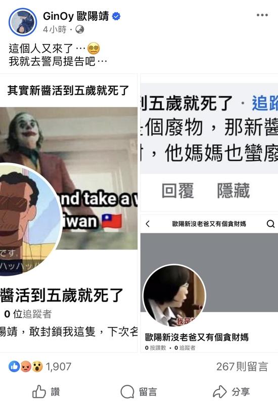 歐陽靖指控一名網友以「歐陽新沒老爸又有個貪財媽」、「其實新醬活到五歲就死了」為名創立粉絲專頁詛咒4歲兒子。 圖：截自GinOy 歐陽靖臉書