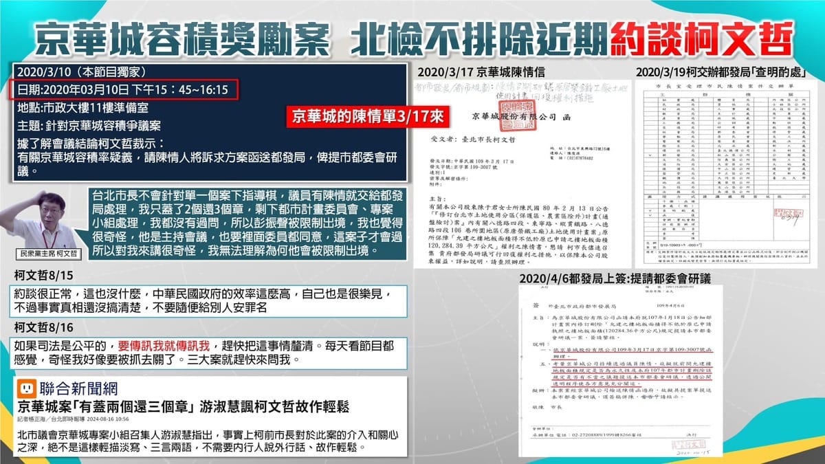 近日，民眾黨主席柯文哲因台北市長任內處理京華城容積率爭議，遭到藍綠兩大政黨質疑涉嫌圖利廠商，引發社會關注。 圖 : 翻攝自李正皓臉書