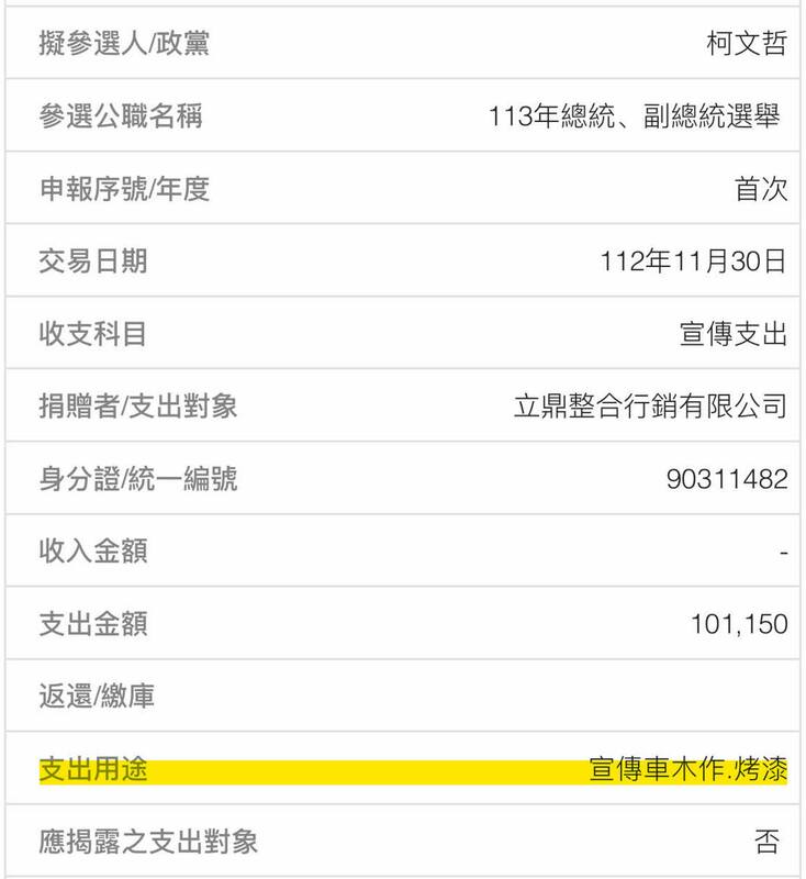 四叉貓查帳發現，木可改裝車輛的10萬元是由柯競辦出錢的。 圖：翻攝自劉宇臉書