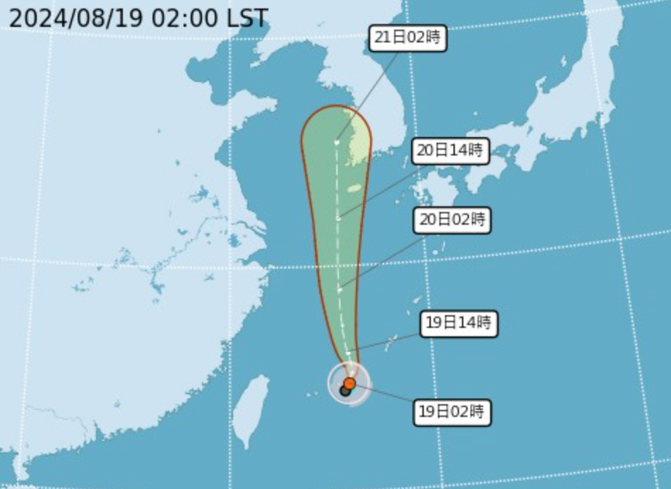 雲雀颱風在今(19)日凌晨生成，路線往北移動，不會直接影響台灣。 圖：翻攝自中央氣象署