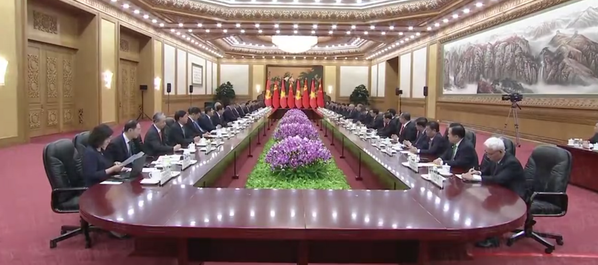 中國領導人習近平今（19）日上午在北京人民大會堂同來華進行國事訪問的越共中央總書記、國家主席蘇林舉行會談。 圖：翻攝自央視