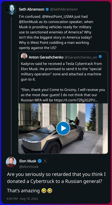 卡德羅夫開玩笑稱，這台 Cybertruck 是由特斯拉執行長馬斯克本人贈送給他的。美國評論員發起質疑後，馬斯克立刻發文澄清。 圖：翻攝自 @elon_alerts X 帳號