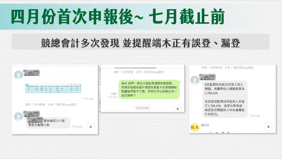 民眾黨出示，競總會計人員曾多次提醒會計師端木正及其陳姓助理申報監察院帳務有誤。 圖：民眾黨 / 提供