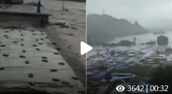 千年一遇的豪雨襲遼寧葫蘆島，許多地區內澇大淹水。 圖 : 影片截圖