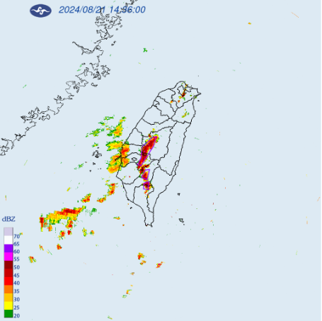 今(21)日大台北、南投地區及桃園、雲林至屏東山區有局部大雨發生的機率，須注意雷擊及強陣風。 圖：翻攝自中央氣象署官網