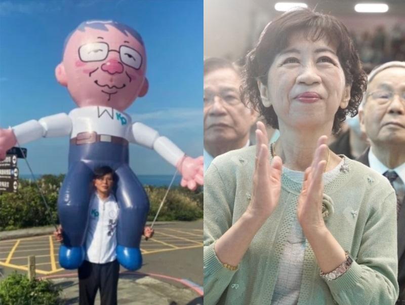 民眾黨主席柯文哲妻子(右)被爆看1.2億豪宅，柯文哲遭調侃成了「上億夫」左圖為樣貌激似資深媒體人尚毅夫的柯文哲氣球。 圖：翻攝自臉書、張良一 / 攝（資料照）