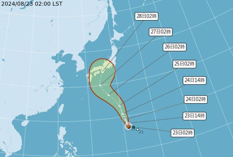 颱風「珊珊」強度持續增強，預估以北北西方向朝日本前進。 圖：氣象署提供