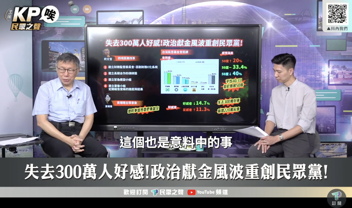 民眾黨主席柯文哲接受民眾黨YouTube頻道節目「民眾之聲 / 主席KP唉」訪問。 圖：翻攝YouTube直播