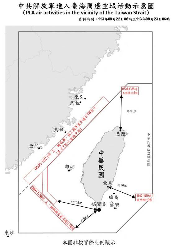 8月22日6時至23日6日，中國解放軍機32架次逾越海峽中線擾台。 圖：翻攝mnd.gov.tw