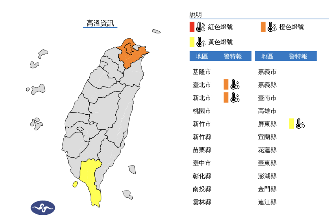 天氣高溫炎熱，明(24)日中午前後台北市、新北市為橙色燈號，有連續出現36度高溫的機率，請加強注意。屏東縣為黃色燈號，請注意。 圖片來源/氣象署