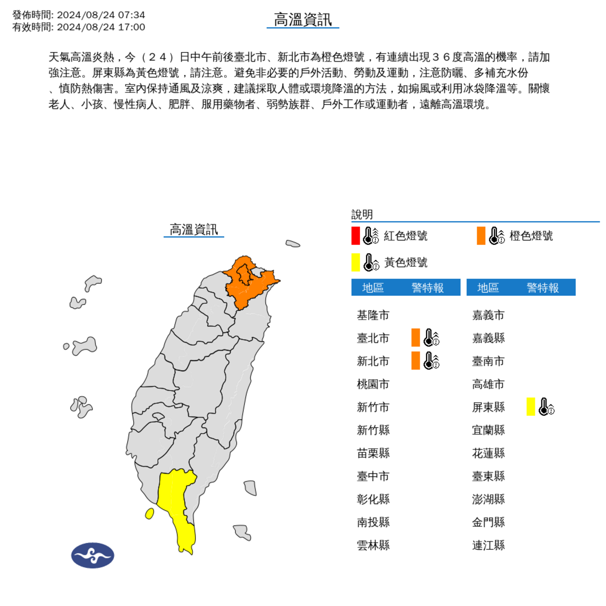 氣象署表示，今(24)日中午前後台北市、新北市為橙色燈號，有連續出現36度高溫的機率。 圖：氣象署 / 提供