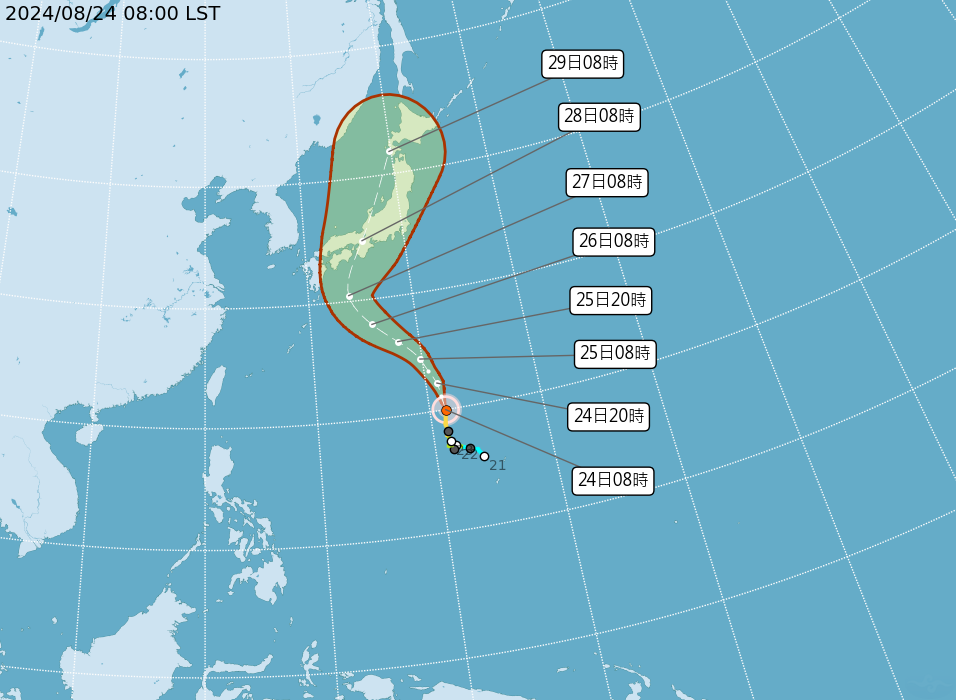 氣象署於 今(24) 日 8 時發布最新颱風動態，珊珊颱風中心位置在北緯 20.0 度、東經 141.4 度，以每小時 22 公里速度朝北移動。 圖：氣象署／提供