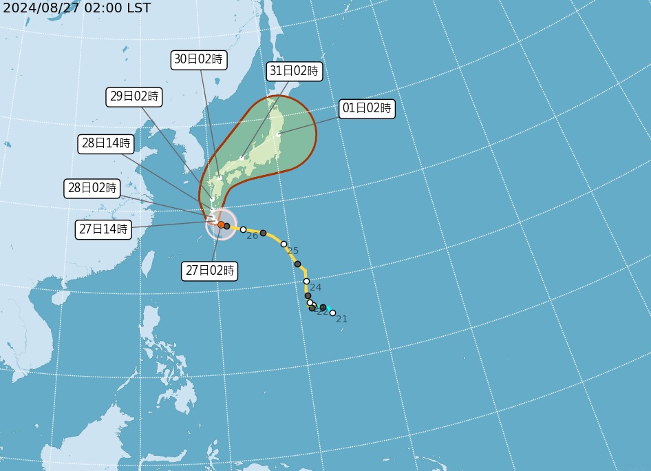 中颱珊珊影響琉球群島及其附近海域，預估本週恐登陸日本3次。 圖：氣象署提供