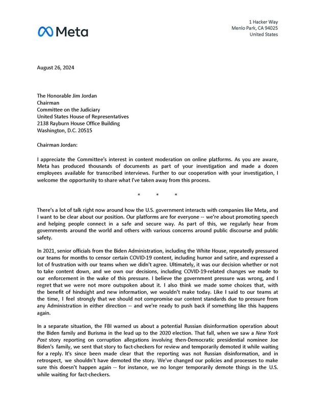 Meta 向美國眾議院司法委員會主席吉姆．喬丹寄送公開信，指控拜登政府施壓 Meta 要求進行言論審查。 圖：翻攝自 @Rumoreconomy X 帳號