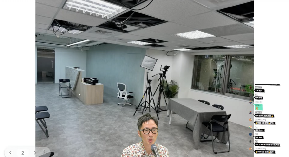 名嘴溫朗東爆料，位於台玻大樓將成民眾黨中央黨部的辦公室，未經許可就裝修，北市建管處今（27）日派員到場勘查。 圖：翻攝溫朗東YouTube