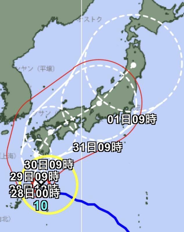 珊珊颱風路徑可能貫穿日本全境。 圖：日本氣象廳
