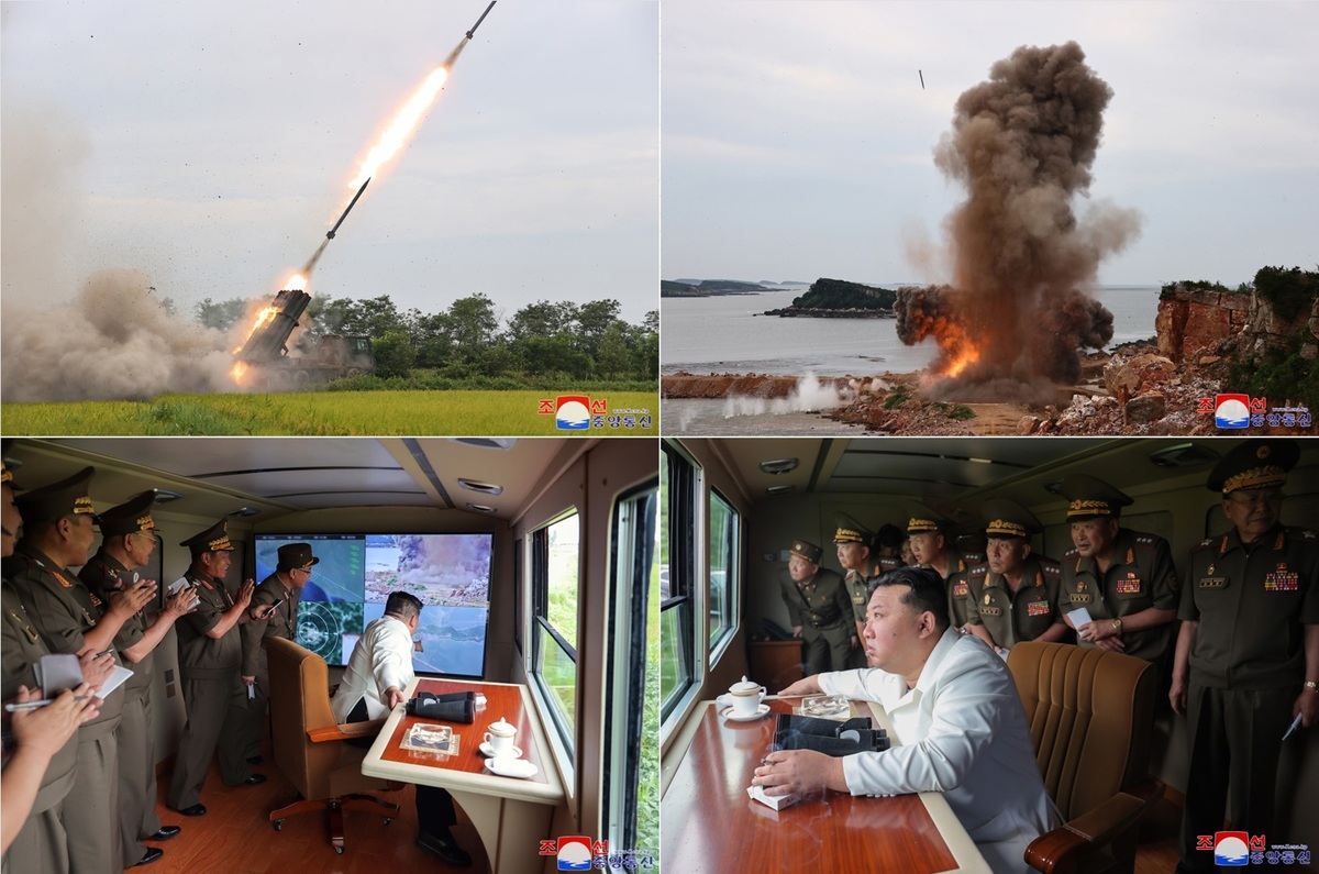 北韓領導人金正恩27日親自驗收國產240毫米口徑火箭砲武器系統試射。 圖：翻攝朝中社