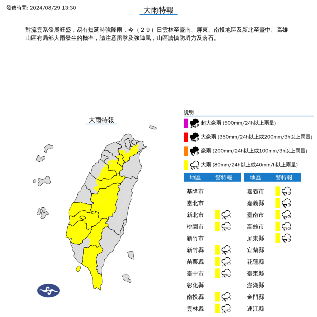 氣象署針對12縣市發布大雨特報包含：新北市山區、桃園市山區、新竹縣山區、苗栗縣山區、台中市山區、南投縣、雲林縣、嘉義市、嘉義縣、台南市、高雄市山區、屏東縣、恆春半島。 圖：翻攝自中央氣象署