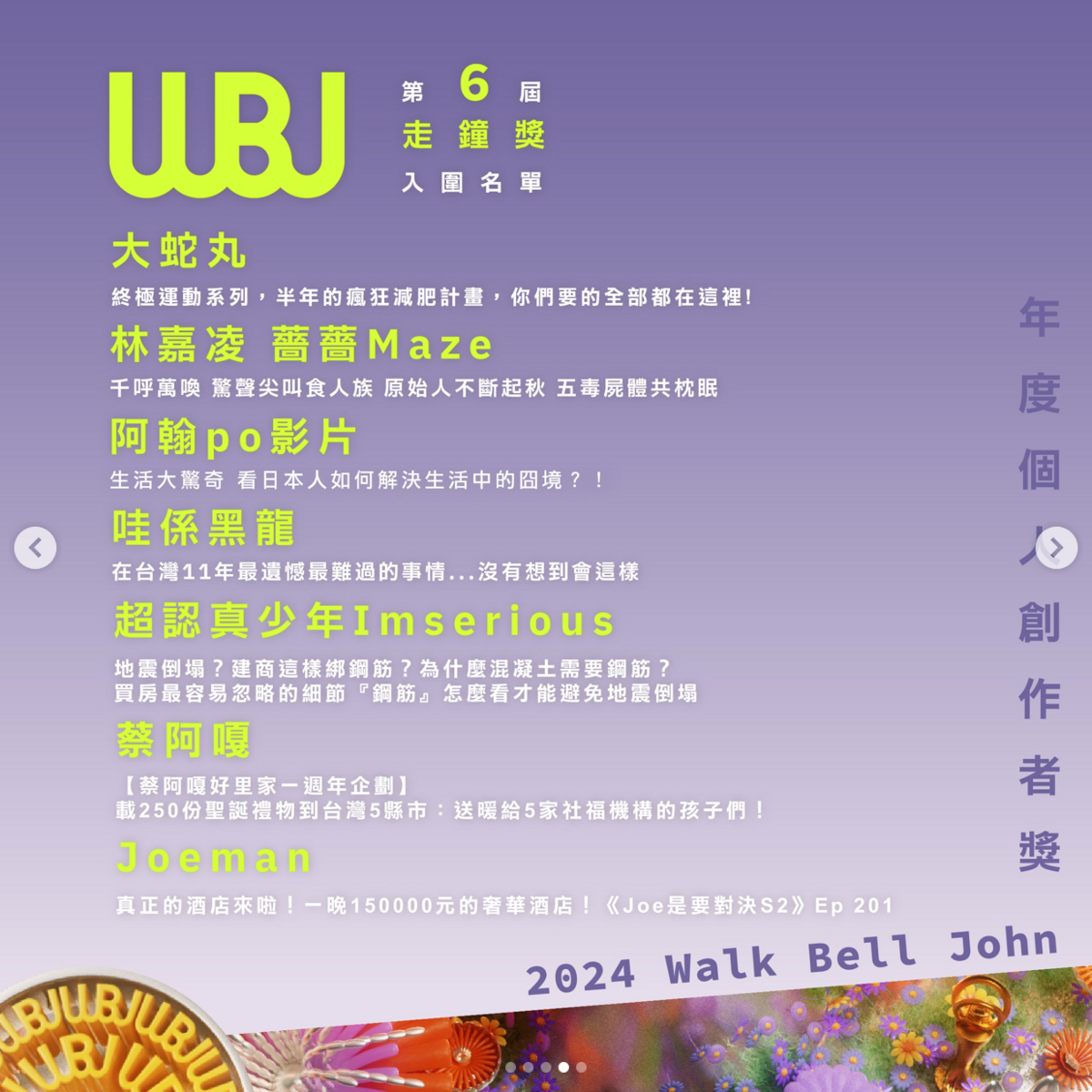 最大獎「年度個人創作者獎」由大蛇丸、薔薔、阿翰、黑龍、超認真少年、蔡阿嘎、Joeman角逐。 圖：翻攝自走鐘獎IG