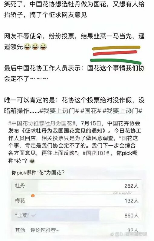 中國花協日前舉辦國花投票，沒想到由韭菜「遙遙領先」。網友也調侃稱，這場投票「肯定沒做假，也肯定沒黑箱」。 圖：翻攝自 @li16669 X 帳號