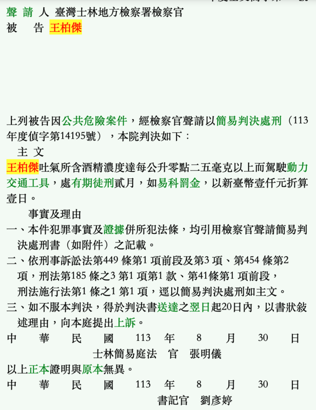 今(4)日判決結果出爐，士林地方法院依公共危險罪，判處王柏傑2個月有期徒刑，可易科罰金。 圖：翻攝自司法院官網