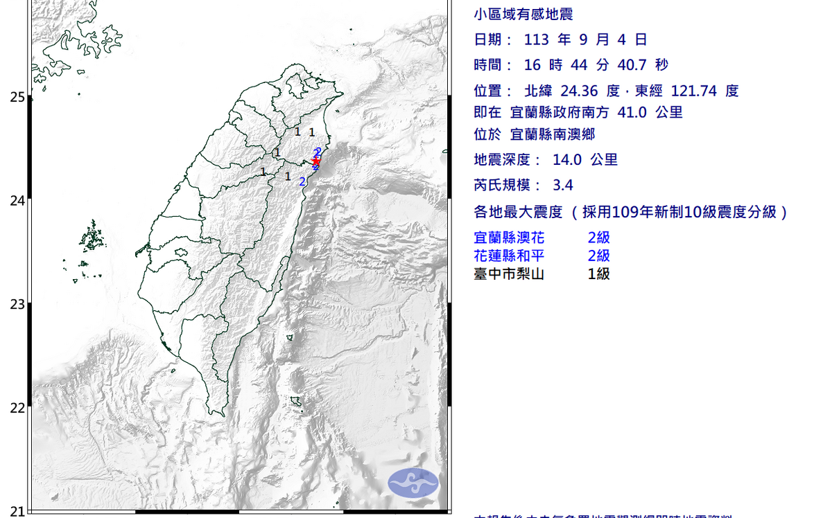 3縣市有感！16:44宜蘭發生3.4規模地震 最大震度2級