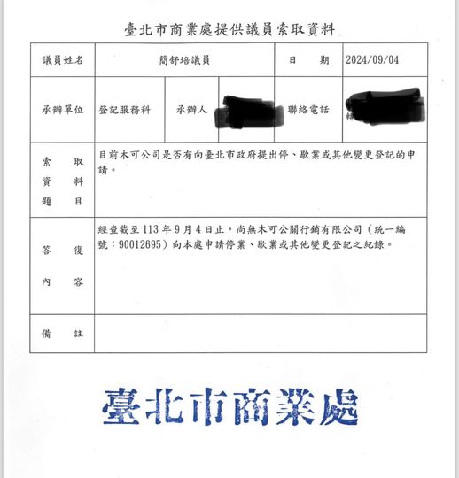 簡舒培指出，台北市商業處回覆顯示木可公司至今未申請停業。 圖：簡舒培提供