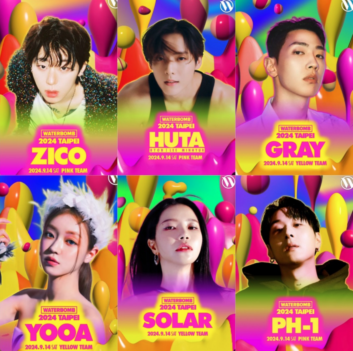 今年出席人選有大咖歌手ZICO，MAMAMOO隊長頌樂、BTOB男神李旼赫、王牌製作人GRAY、饒舌歌手pH-1等，女神Jessica、饒舌女王Jessi、水彈女神權恩妃、GOT7有謙、饒舌歌手Loco、饒舌歌手Coogie等。 圖：翻攝自WATERBOMB官網