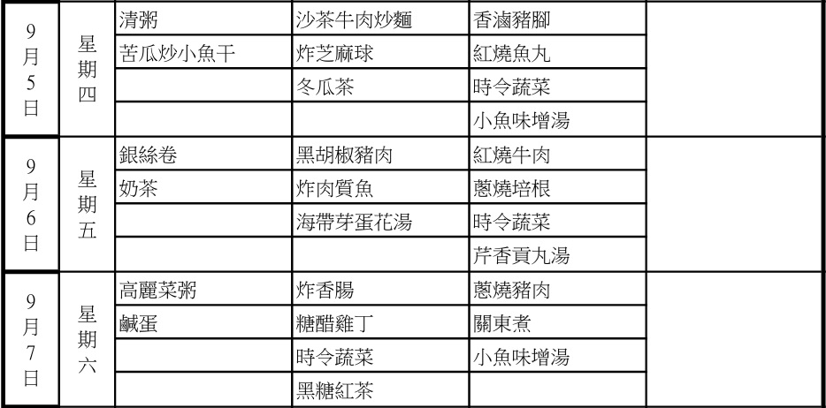台北看守所週五菜單。 圖：台北看守所網頁