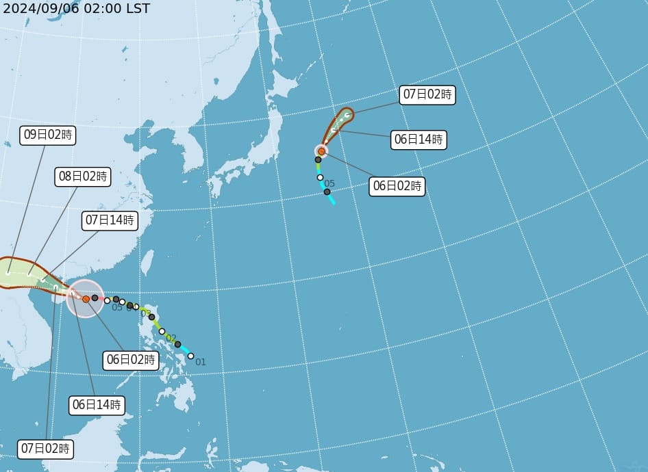 強颱摩羯將逐漸影響廣東、海南島、雷州半島、廣西及越南一帶，輕颱麗琵對台灣天氣則無影響。 圖：中央氣象署提供