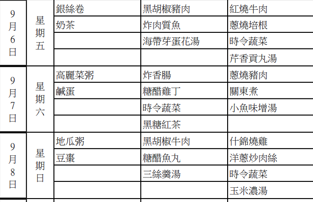 根據台北看守所公布的菜單，柯文哲的午餐將是黑胡椒豬肉、炸肉質魚、海帶芽蛋花湯；晚餐則是紅燒牛肉、蔥燒培根、時令蔬菜、芹香貢丸湯。 圖：翻攝自台北看守所官網
