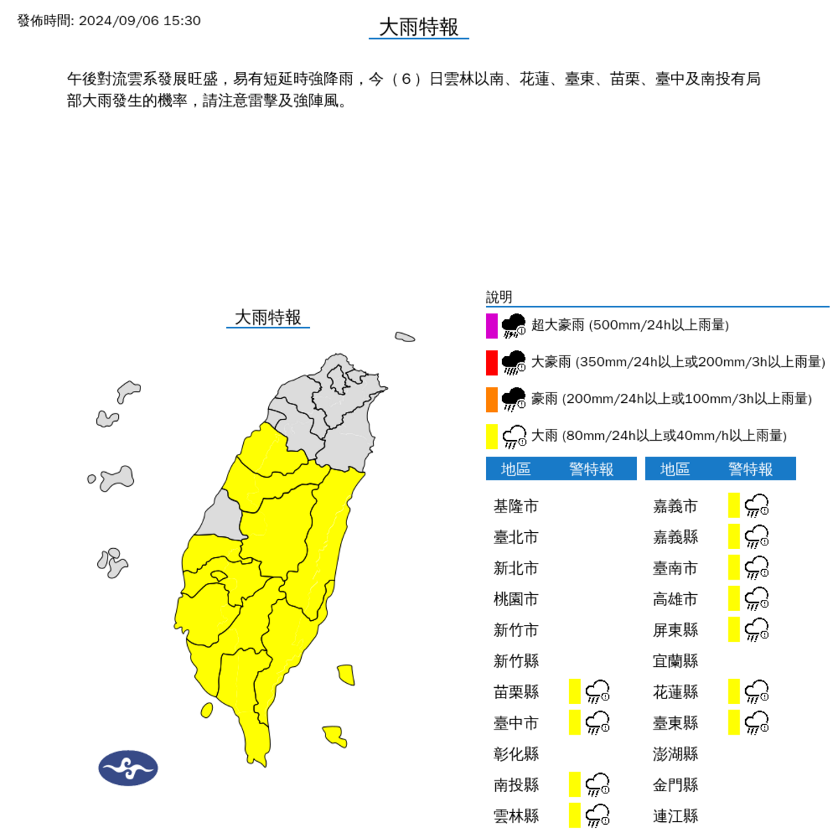 氣象署今（6）日下午對多個縣市發布大雷雨即時訊息和 11 個縣市大雨特報。 圖：氣象署／提供