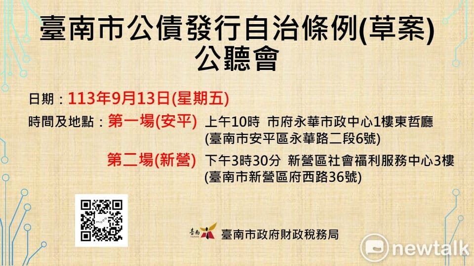 為增加臺南市政府建設資金籌措管道，靈活財務運作，減輕市府債息負擔，臺南市政府計畫發行公債財政稅務局將於9月13日上午及下午分別於市府永華市政中心東哲廳，及新營區社會福利服務中心3樓階梯教室，各舉辦一場公聽會，以廣納民意，作為制訂「臺南市公債發行自治條例（草案）」參考依據，以完善法令。 圖：台南市政府提供