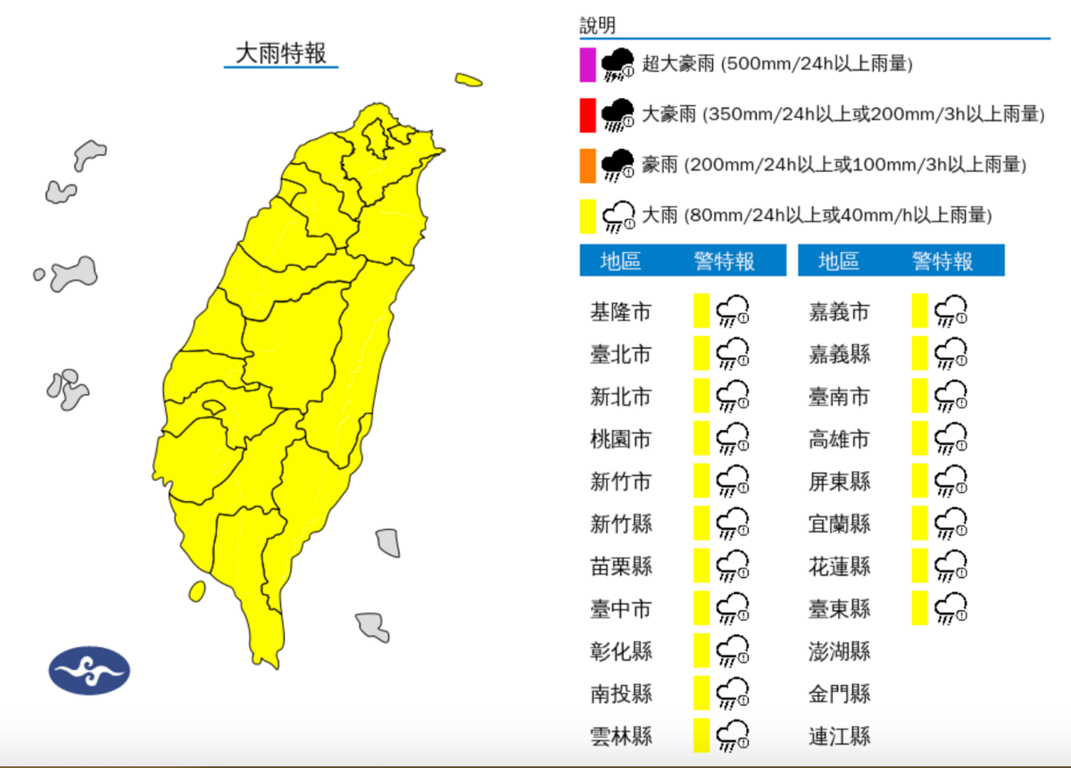 氣象署針對19縣市持續發布大雨特報。 圖：翻攝自中央氣署官網