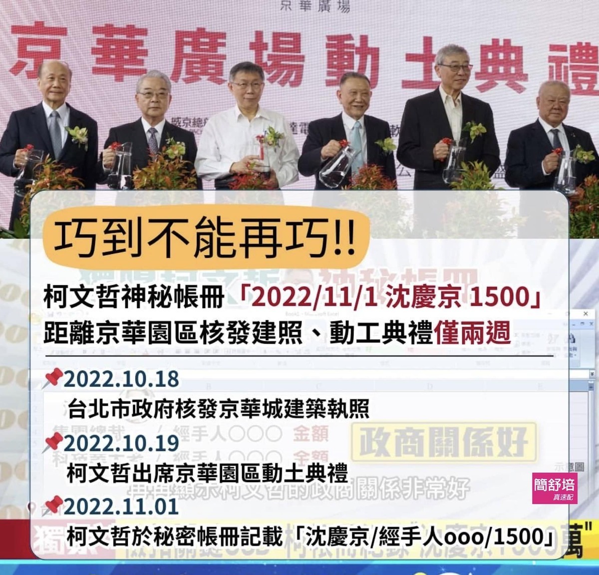 簡舒培表示，在京華城取得違法的20%容積獎勵並取得建照後兩個禮拜，柯文哲就紀錄與威京集團老闆沈慶京有1500萬金流，「巧到不能再巧！」 圖：取自簡舒培臉書