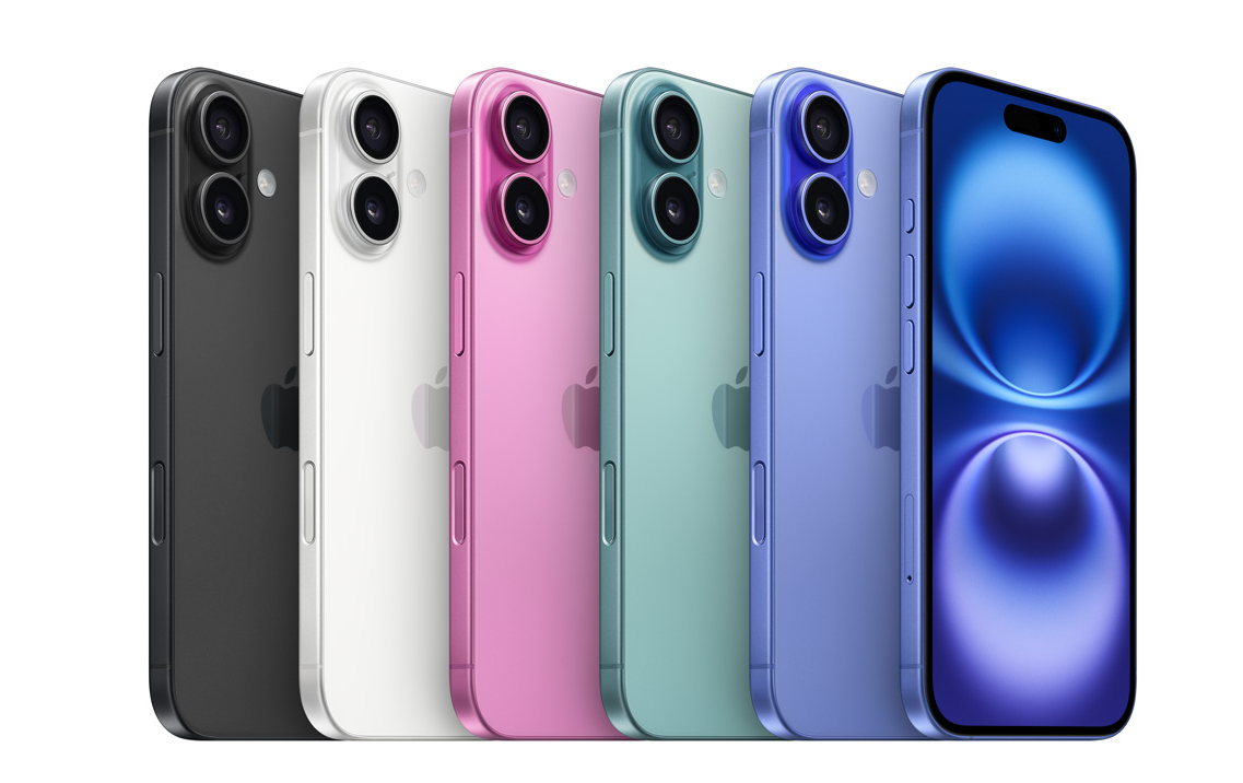 iPhone 16和iPhone 16 Plus，有黑色、白色、粉紅色、湖水綠色，以及湛海藍色，顏色較飽和也帶點金屬感。 圖：翻攝自蘋果官網