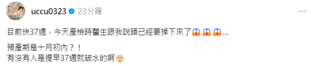 產檢時，醫生說「頭已經要掉出來了」，讓瑀熙擔心會提早破水。。 圖：翻攝自瑀熙Threads
