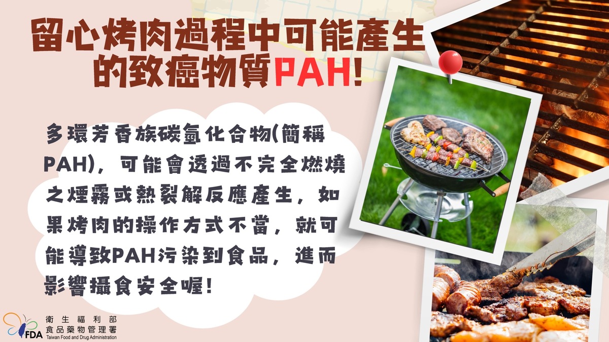 食藥署指出烤肉過程中可能產生致癌物質多環芳香族碳氫化合物（PAH），因此公布5大烤肉安全守則。 圖：食藥署 / 提供