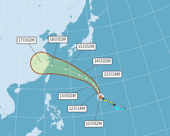 輕度颱風「貝碧佳」未來朝西北方向前進，週末將接近琉球附近海面。 圖：氣象署提供