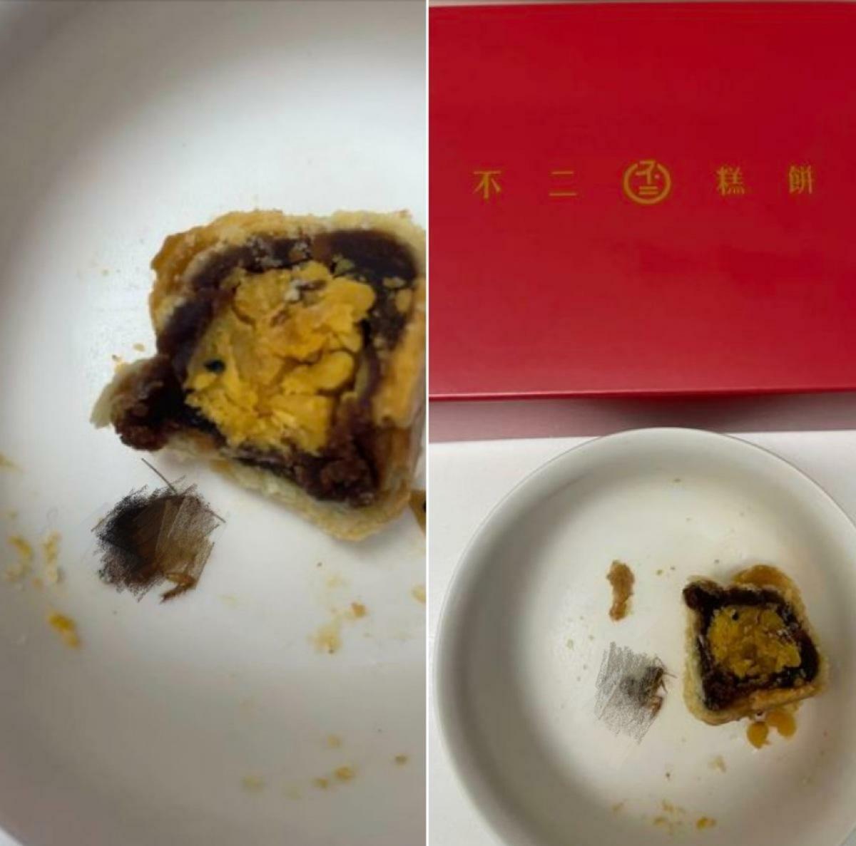 台中「不二糕餅」因蛋黃酥內發現蟑螂而引起食安爭議。消費者無法提供購買證明，而市府食安處已介入調查。 圖：翻攝自《爆料公社二社》