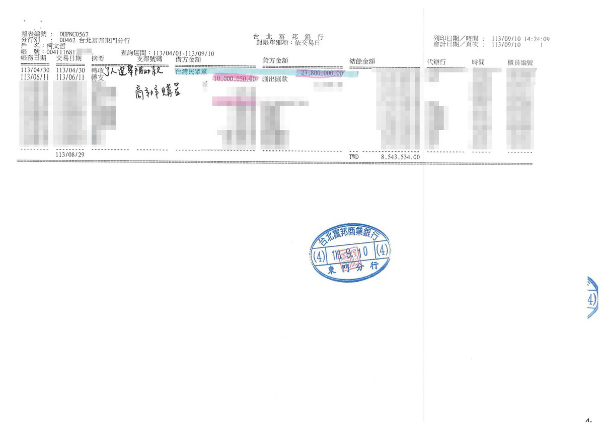 陳佩琪今（12）天一口氣公布帳戶明細。 圖：民眾黨 / 提供