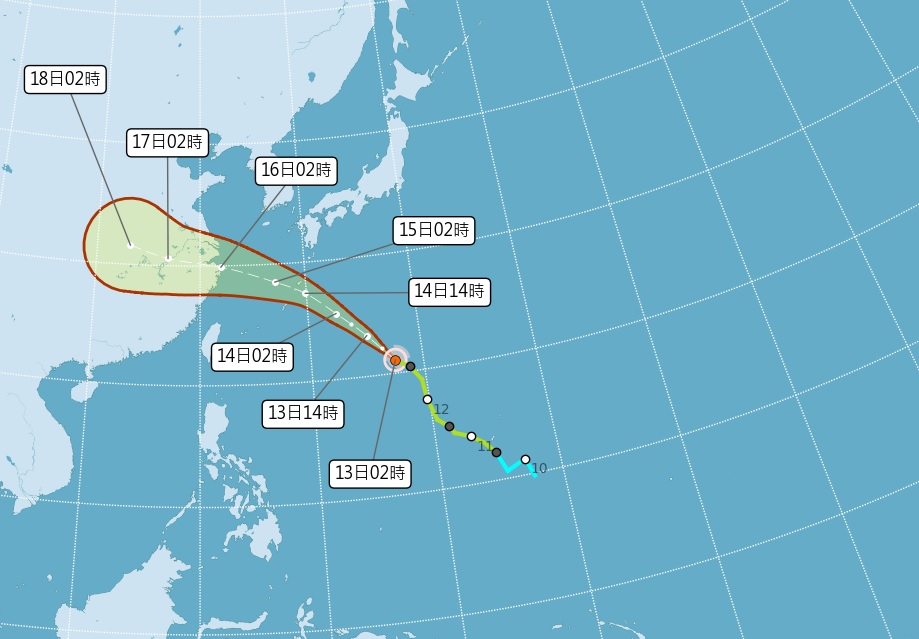 輕颱貝碧佳週末預計將從琉球附近海面通過，之後往浙江沿海移動。 圖：氣象署提供