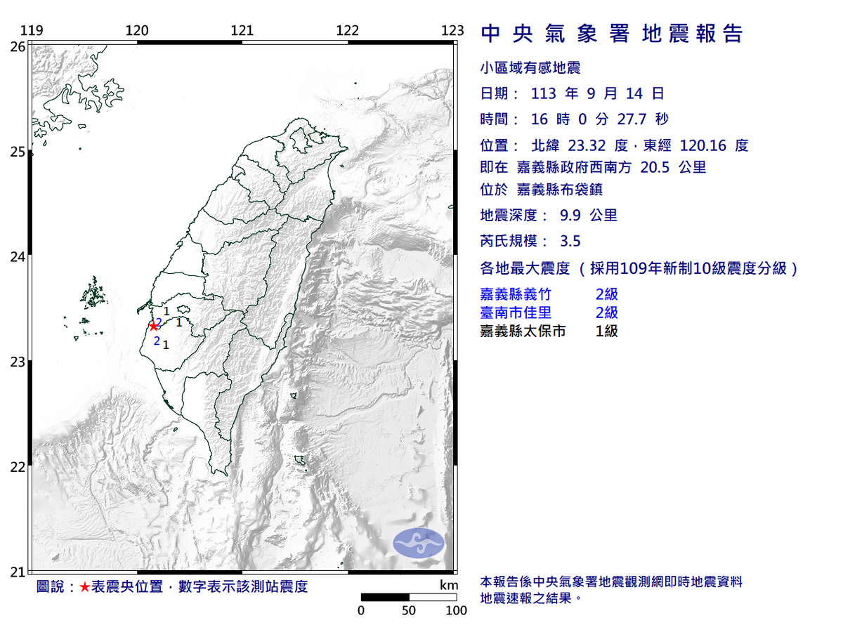 今（14）日嘉義布袋發生多起地震，截至今日下午16時已發生 6起地震，16時更發生芮氏規模 3.5的小區域地震，16時16分也發生 3.5規模地震。 圖：翻攝自中央氣象署官網