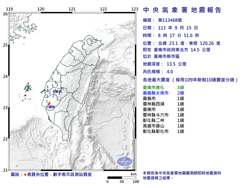 台南市新市區今（15）天上午8點17分發生芮氏規模4.0有感地震。 圖：氣象署提供
