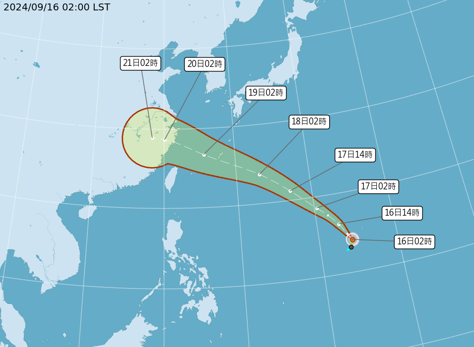 葡萄桑颱風路徑預期將影響中國浙江一帶。 圖:中央氣象署官網