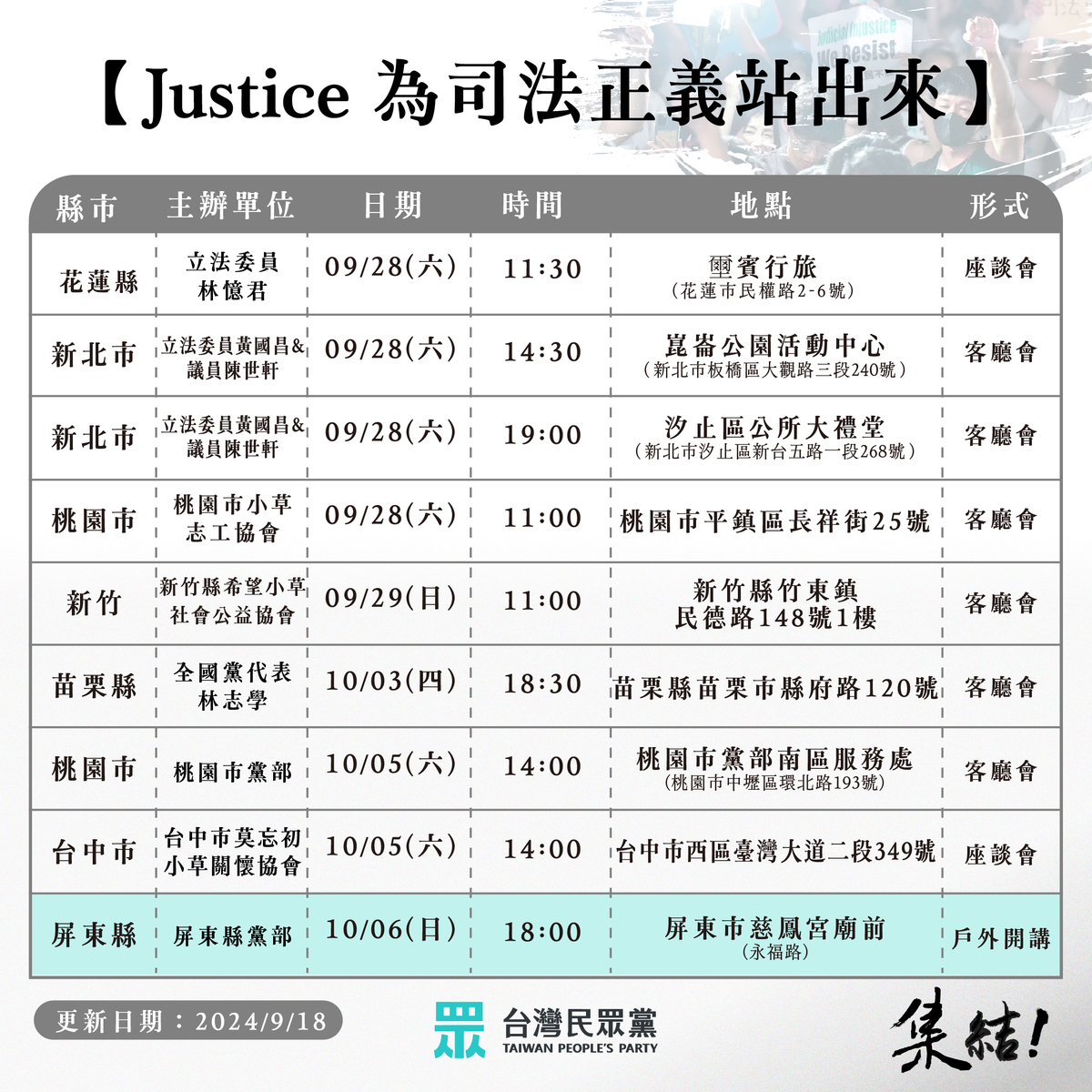 民眾黨宣布將持續舉辦力挺黨主席柯文哲、為司法正義站出來開講。 圖：民眾黨 / 提供