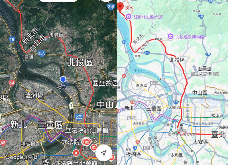 陳智菡發文表示：「從淡水要到立法院的路上都是紅通通的」，但「紅通通的路」實際上是北捷淡水信義線。 圖：翻攝Google map、陳智菡臉書