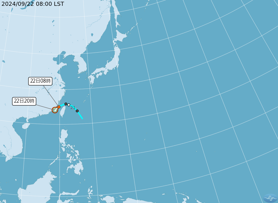 熱帶性低氣壓22日8時位於北緯25.1度，東經119.7度，以時速10公里向西南移動。 圖：氣象署／提供