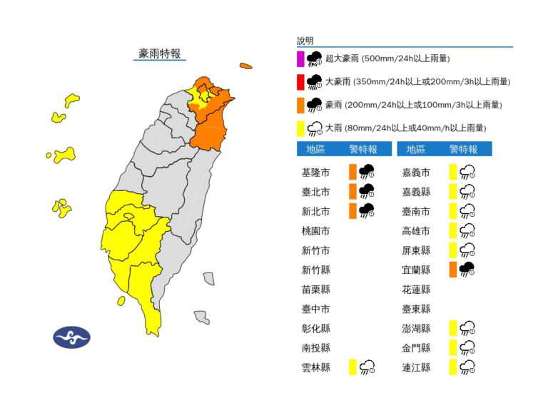 中央氣象署發布豪雨特報，鋒面及低壓帶影響，易有短延時強降雨。 圖：氣象署提供