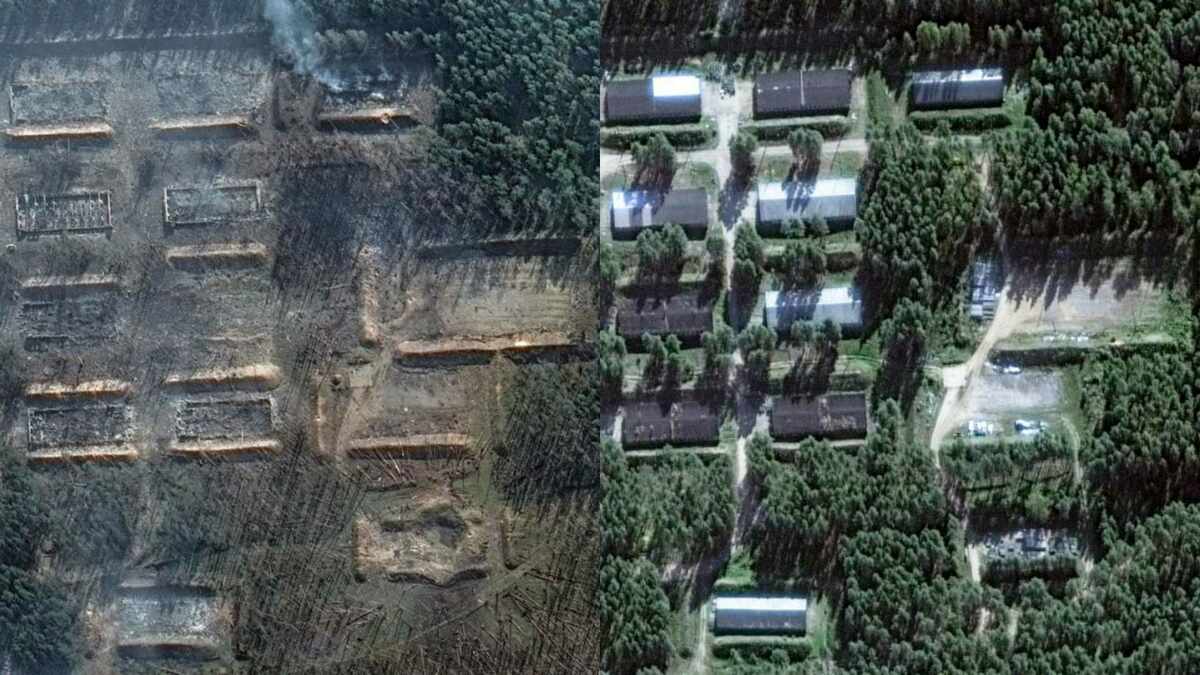 俄羅斯最近遭毀的特維爾地區第 23 GRAU 兵工廠前(右)後(左)對比圖。可發現建築已被夷為平地。 圖:翻攝自X帳號@Maxar(新頭殼合成)